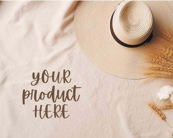 Boho chic flat lay mockup, Digital background for product display, Flatlay styled stock photo, Neutral beige backdrop, Scene creator mock up