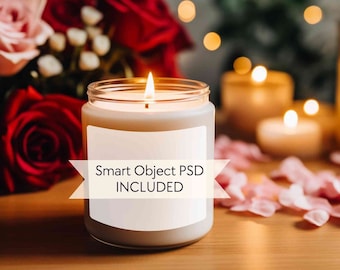 Candle mockup psd, Valentines day jar candle mockup, Scented soy candle mock up, Wedding candle mockup red flowers, 9oz smart object mockup