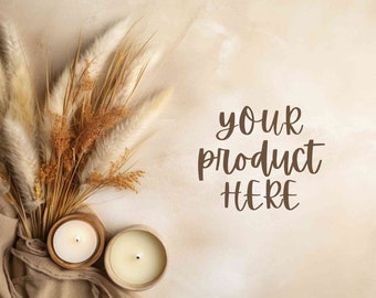 Boho chic flat lay mockup, Digital background for product display, Flatlay styled stock photo, Neutral beige backdrop, Scene creator mock up