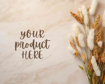Flaches Produkthintergrundbild zum Herunterladen, Boho-Mockup-Fotografie, Neutraler Blumenmock, Foto digitaler Hintergrund, Blumenszenenschöpfer