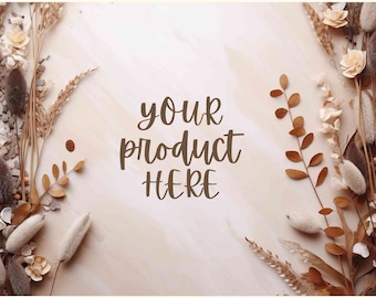 Flaches Produkthintergrundbild zum Herunterladen, Boho-Mockup-Fotografie, Neutraler Blumenmock, Foto digitaler Hintergrund, Blumenszenenschöpfer