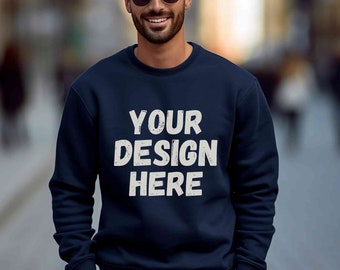 Gildan 18000 male Mockup, Navy sweatshirt men mockup, Mens model mockup 18000, Navy blue Gildan crewneck, Lifestyle casual man navy mock up