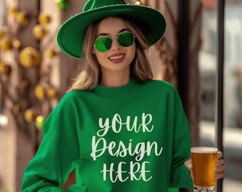 St Patrick's day Gildan 18000 mockup, Irish green Saint Patricks sweatshirt mockup, Green women sweater mock up, St Pattys day crewneck mock