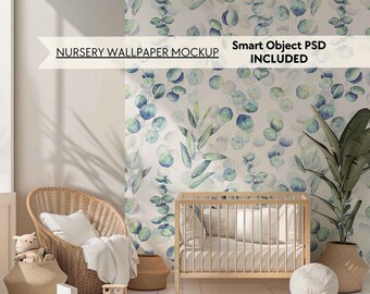 PSD Nursery wallpaper mockup, Blank wall mockup for baby room, Neutral empty nursery wall mock up, Smart object minimalist mural mock-up