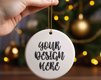 Mockup de enfeite redondo de cerâmica de Natal, enfeites brancos em branco para mockup de árvore de Natal, mockup de enfeite Canva, mockups de Natal em círculo
