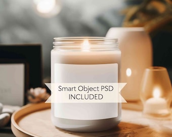 Soy candle mockup PSD, 9oz candle mockup, Candle jar mockup, Blank scented white candle mock-up, candle mockup smart object, POD Canva mock