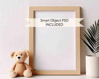 Nursery wall art mockup frame, Children room mockup, PSD Smart object frame mockup, DIN A vertical frame mockup, Kids room frame mockup A4