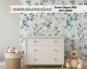 PSD Nursery wallpaper mockup, Blank wall mockup for baby room, Neutral empty nursery wall mock up, Smart object minimalist mural mock-up