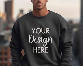 Gildan 18000 dark heather mockup men, Dark heather male Gildan sweatshirt mockup, Grey sweater mens model mockup, Man Gildan crewneck mock