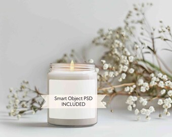 Floral candle mockup, Jar soy candle mock-up, White flowers candle mockup, 9oz candle mockup POD, PSD smart object, Cute wedding candle mock