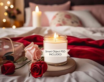 Candle mockup psd, Valentines day jar candle mockup, Scented soy candle mock up, Wedding candle mockup red flowers, 9oz smart object mockup