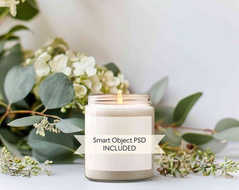 Floral candle mockup, Jar soy candle mock-up, Greenery candle mockup, 9oz white candle mockup POD, PSD smart object, Wedding candle mockup