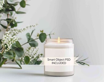 Floral candle mockup, Jar soy candle mock-up, Neutral boho candle mockup, 9oz blank white candle mockup, PSD smart object, Greenery mock POD
