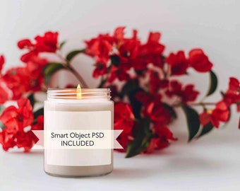 Floral candle mockup, Jar soy candle mock-up, Candle mockup with red flowers, 9oz white candle mockup, PSD smart object, Wedding candle mock