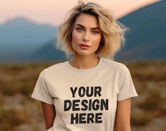 Soft Cream Bella Canvas 3001 tshirt mockup, Bella Canvas tee mockup, Soft Cream shirt model Mockup, Bella and Canvas t-shirt outdoor mock up