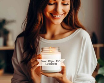 Soy candle mockup PSD, Jar candle mockup, 9oz POD candle mockup, White scented candle mock up, Smart object mock, Women model candle mock-up