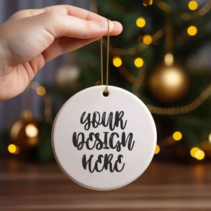 Christmas ceramic round ornament mockup, Blank white ornaments for Christmas tree mockup, Ornament mockup Canva, Circle Christmas mock ups