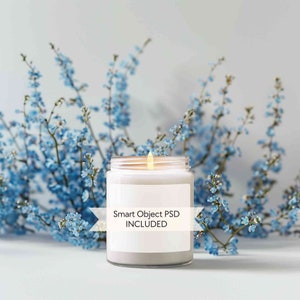 Boho candle mockup floral, Soy candle mockup, 9oz jar candle mock-up, PSD smart object simple candle mockup, Blue flowers lit up candle mock