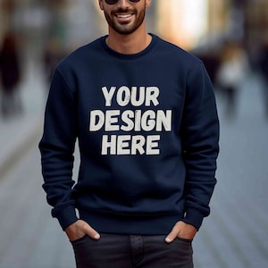 Gildan 18000 male Mockup, Navy sweatshirt men mockup, Mens model mockup 18000, Navy blue Gildan crewneck, Lifestyle casual man navy mock up