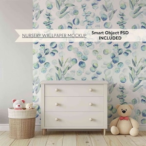 PSD Nursery wallpaper mockup, Blank wall mockup for baby room, Neutral empty nursery wall mock up, Smart object minimalist mural mock-up
