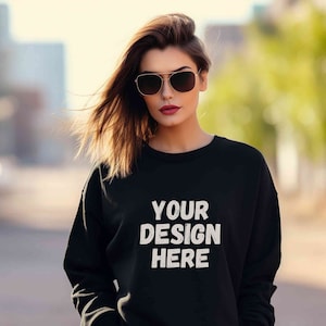 Gildan 18000 mockup, Gildan Black sweatshirt mockup, Black Gildan oversized crewneck mockup, Gildan sweatshirt lifestyle women model mockup
