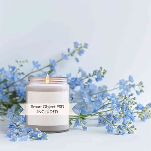 Floral candle mockup, Jar soy candle mock-up, Blue flowers candle mockup, 9oz white candle mockup POD, PSD smart object, Wedding candle mock