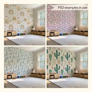 May include: Four different wallpaper designs for a nursery or child's room. The designs include rainbows, hearts, cacti, and leaves. The designs are shown in a room setting with a window and a bookshelf.