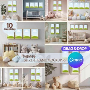 May include: A collage of nursery room mockups featuring framed art with landscape scenes. The image includes the text "10 templates" and "Nursery Set of 4 FRAME MOCKUP for Canva". Various nursery decor elements like cribs, stuffed animals, and plants are also visible.