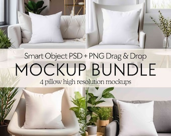 May include: Four white throw pillows on a gray couch and a white armchair in a living room setting. The pillows are blank and ready for customization. Smart Object PSD + PNG Drag & Drop MOCKUP BUNDLE 4 pillow high resolution mockups