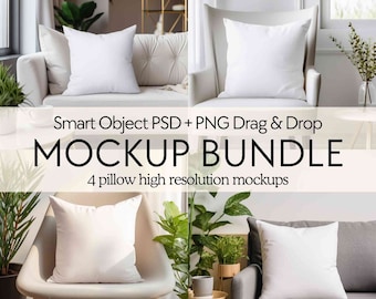 Pillow mockup bundle PSD, Transparent cushion mockup PNG for Canva, White square throw pillow mockups, Modern blank accent pillow mock ups