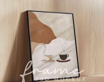 Black thin frame mockup, Minimalist DIN A4 vertical frame mockup, Wall art print digital frame, PSD close up simple poster frame mock up