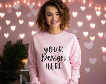 Light pink Gildan 18000 valentines mockup, Valentine day Gildan mockup, Light pink sweatshirt mock up, Hearts love 18000 Gildan sweater mock