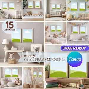 Puede incluir: Un conjunto de 15 maquetas de habitación de bebé para Canva con dos marcos con un diseño de paisaje verde y azul. Las maquetas muestran diferentes configuraciones de habitación de bebé con muebles, juguetes y decoración.