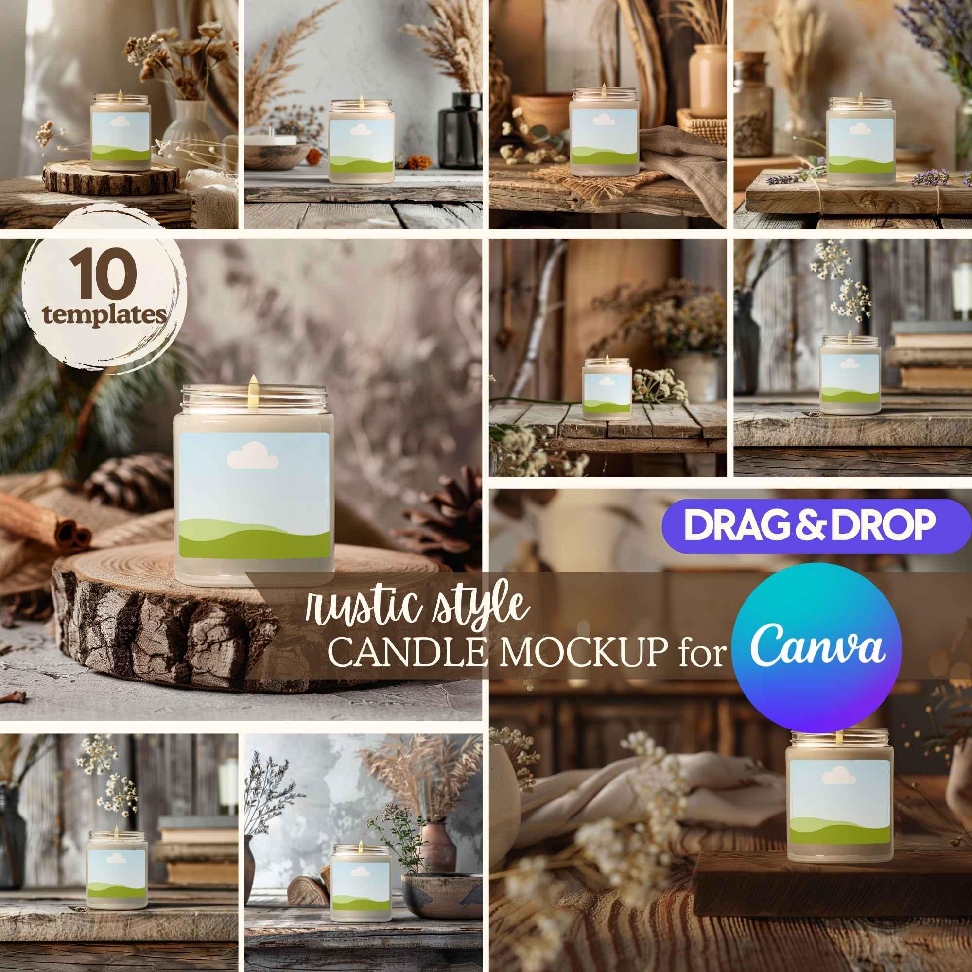 Rustic scented soy candle mockup bundle for Canva, Easy Drag and Drop Canva template, 9oz jar candle mock ups, Boho blank candle mockup