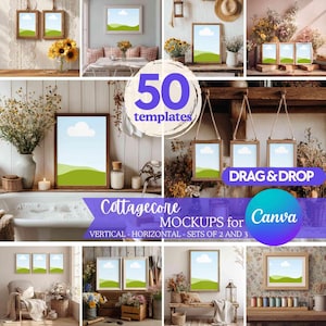 50 Cottagecore Frame Mockups for Canva – Drag & Drop Rustic Wall Art Templates | Vintage Poster Mockup Bundle for Cosy Home Prints Display