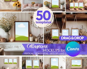 50 Cottagecore Frame Mockups for Canva – Drag & Drop Rustic Wall Art Templates | Vintage Poster Mockup Bundle for Cosy Home Prints Display