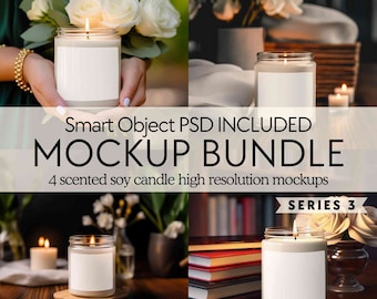 May include: Four scented soy candle mockups in various settings. The candles are in clear glass jars with white labels. The mockups are high resolution and include smart object PSD files.