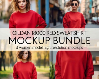 Rot gildan 18000 Mockup, Lifestyle Gildan rotes Sweatshirt Mockup, Roter Pullover Modell Mockup, Print on Demand Gildan Rundhals Mockup