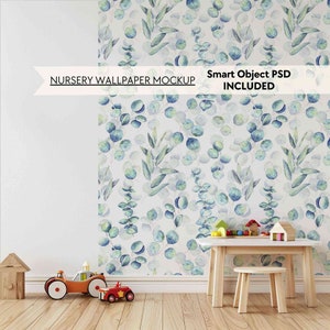 Mockup di carta da parati per cameretta dei bambini PSD, Mockup di asilo nido, Mockup di sala giochi con parete vuota, Mockup di parete vuota per cameretta dei bambini, Mockup di stanza dei giocattoli con oggetti intelligenti