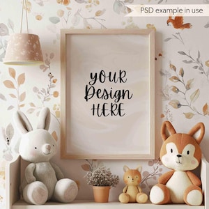 PSD wooden frame mockup in nursery room, Children wallart mockup frame A4, Pastel color baby room frame mockup & stuffed animal in kids room