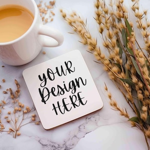 Boho coaster mockup PSD, Coffee cup coaster mock, Cork back white square coaster mock-up, Sublimation mug coaster mockup with dried flowers