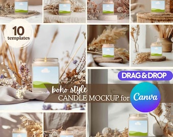Boho scented soy candle mockup bundle, Canva template for Drag and Drop custom candle mockup, 9oz jar candle mock ups, Blank candle mockups