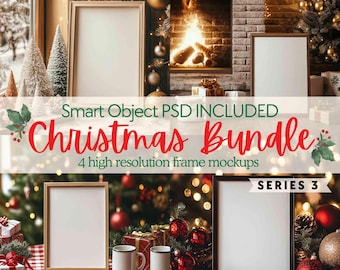 Christmas frame mockup bundle Din A ratio, Rustic Christmas holiday frame mock ups, Festive frame mock up, Vertical wall art frame PSD mocks