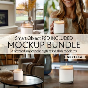 May include: Four high-resolution mockups of scented soy candles in glass jars with white labels. The candles are lit and the flames are visible. The mockups are set in various home settings, including a living room, a bedroom, and a kitchen.