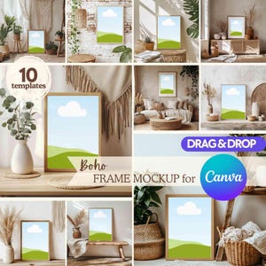 Boho frame mockup bundle, Canva template Drag & Drop frame mockup for bohemian home interior, DIN A4 frame mockup for wall art print poster