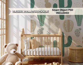 PSD Nursery wallpaper mockup, Blank wall mockup for baby room, Neutral empty nursery wall mock up, Smart object minimalist mural mock-up