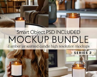Amber candle mockup bundle PSD, Scented soy candle mockups, 9oz amber glass jar candle mock ups, Smart object lifestyle candle mockups POD