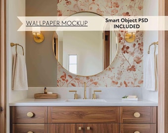 Bathroom sink wallpaper mockup, Modern farmhouse bathroom empty wall mockup, Blank wall PSD smart object mock up, Surface pattern mural mock