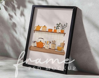 Black frame mockup PSD, Minimalist black wood vertical frame mockup, DIN A4 digital frame for art display, PSD close up poster frame mock up