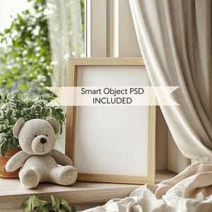 Nursery mockup frame with cute teddy bear, Kids wallart mockup frame A4, Vertical PSD frame mockup, Boho neutral blank mock frame ISO ratio